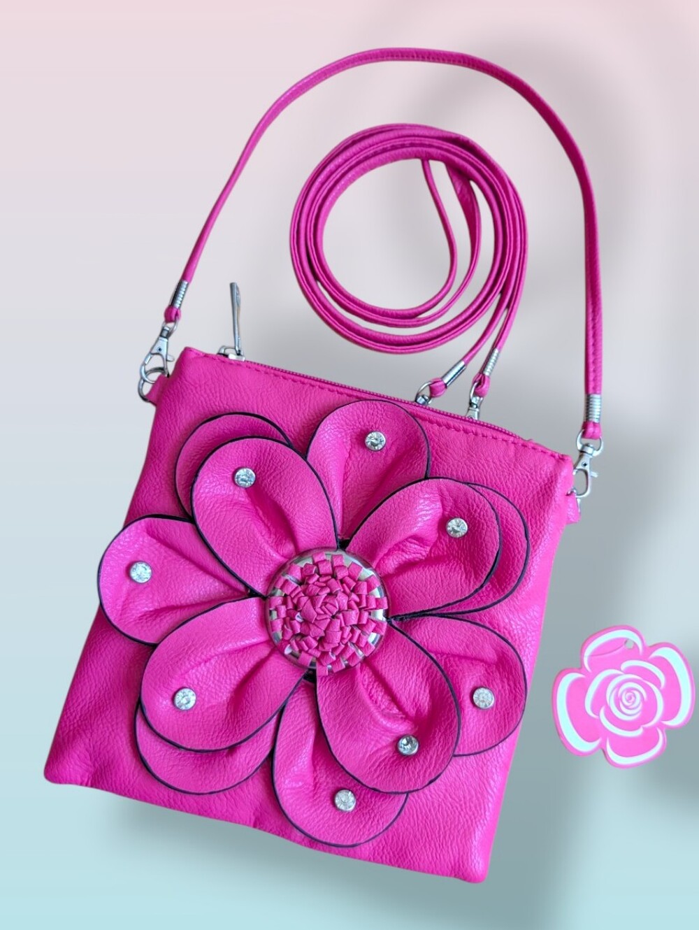 Y2K Pink Leather Flower Crossbody Bag With Bling Rhinestone Embellishment
